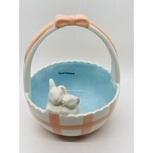 Easter Bunny Basket Porcelain Candy Dish Bowl Holder w Handle Beautiful Mint New